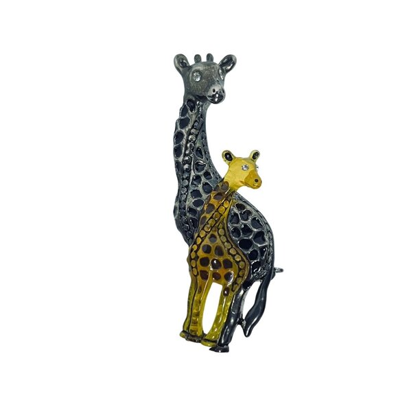Vintage Silver Tone With Yellow Lucite Mother And Baby Giraffe Brooch (5847) - Picture 4 of 7